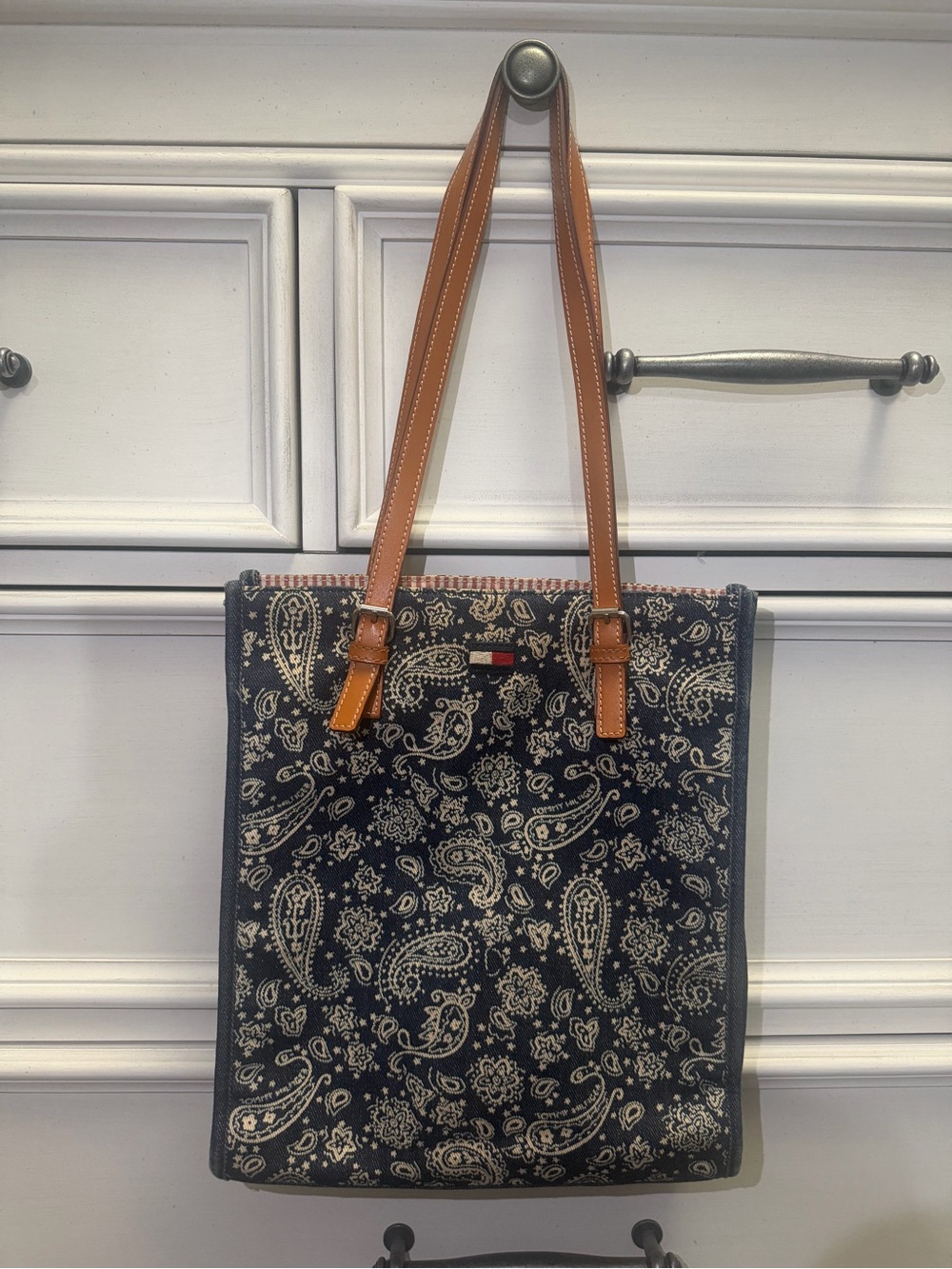 Tommy Hilfiger Paisley Canvas Tote Bag with Leather Straps - Navy & Tan